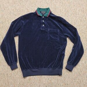 Chesterfield Velour Polo Shirt Mens Medium Blue Vintage 80s 90s Made in USA‎